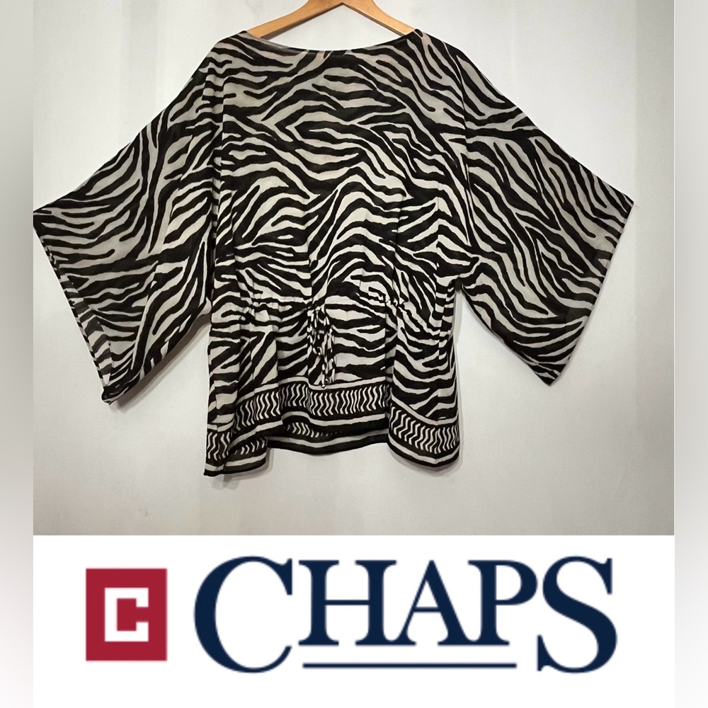 Chaps Sheer Top Zebra‎ Animal Print Mob Wife Wide Sleeve Cinch Waist Blouse XL